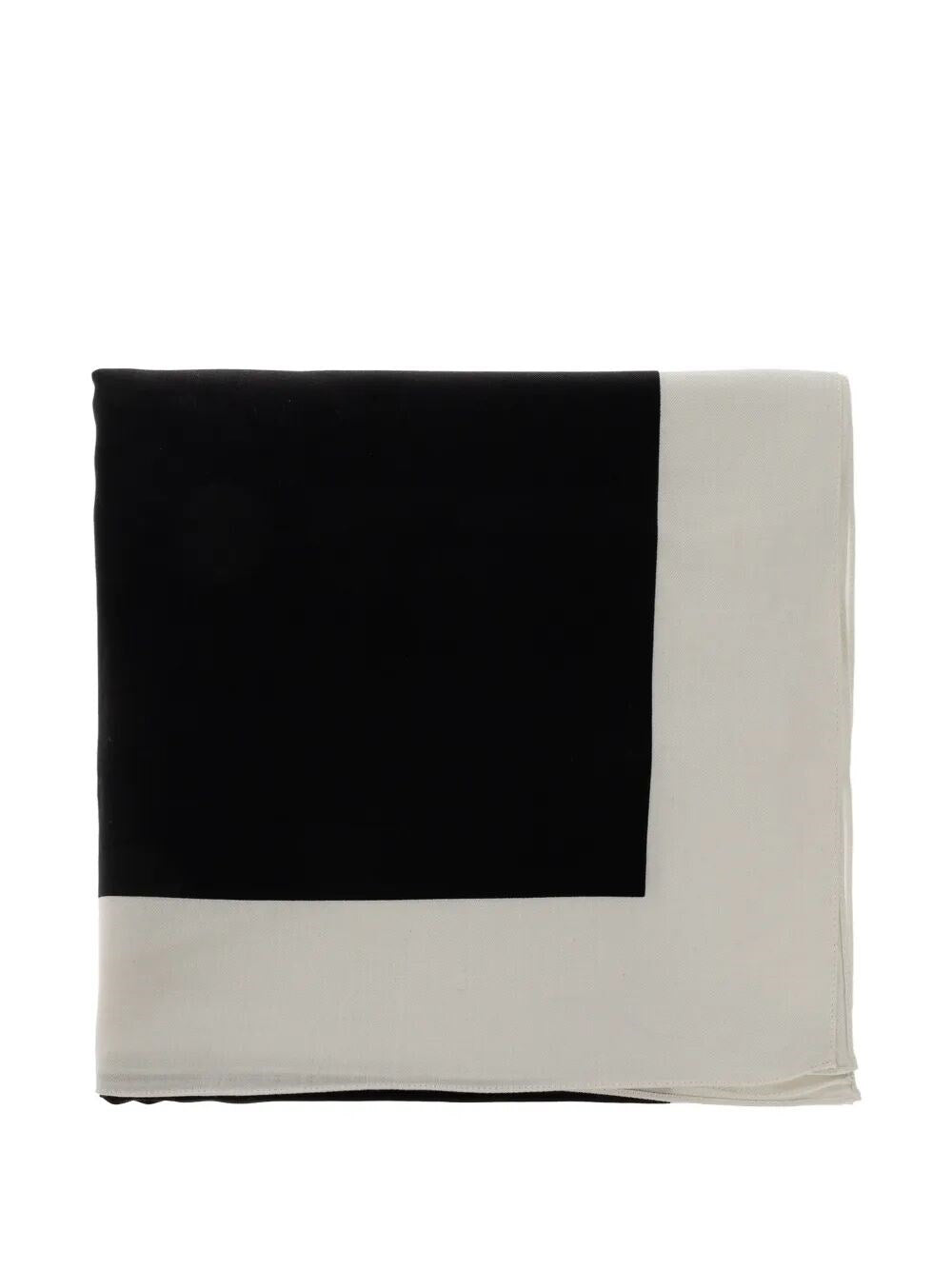 Rick Owens DRKSHDW Woven Pashmina Scarf in Milk Black shown folded with contrasting black and milk graphic panels.