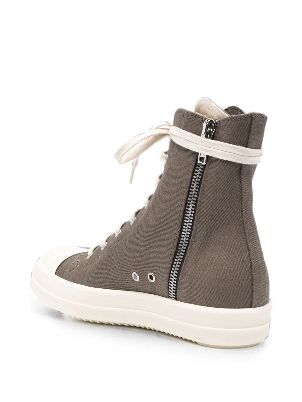 Rick Owens high-top canvas sneaker rear view, zip closure, deconstructed silhouette, Dust Milk colourway, unisex luxury streetwear