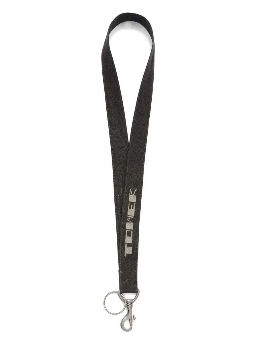 Rick Owens Neckhook in Gravel/Pearl with cotton webbing strap, embroidered Tower motif, silver-tone snap clip and round keyring.
