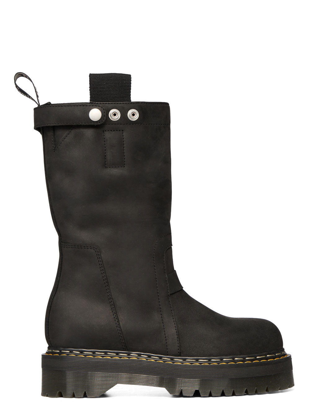 Rick Owens x Dr. Martens Quad Sole Pull On Boot in black nubuck leather, shown in side profile with mid-calf shaft and platform sole.