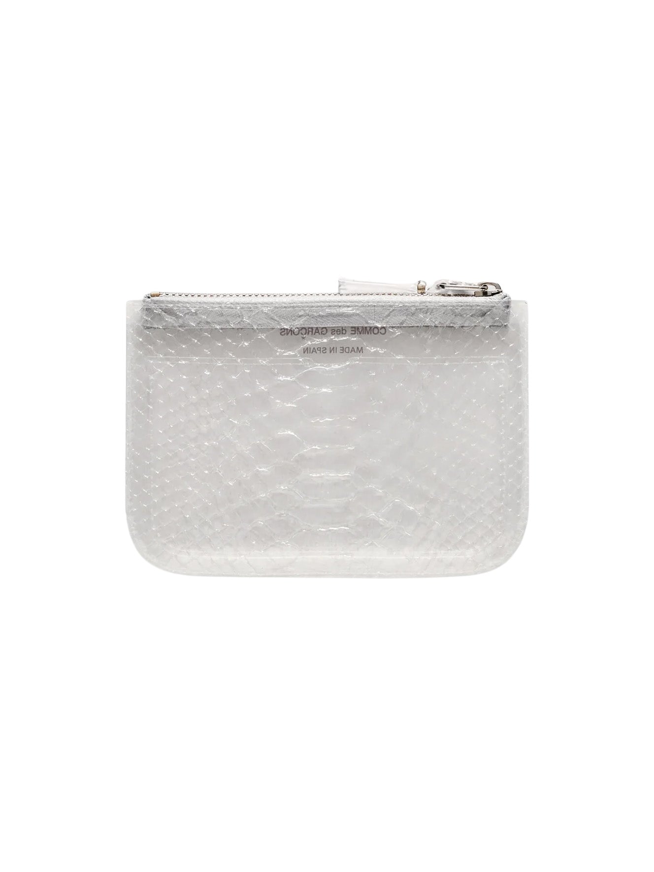 COMME des GARÇONS Wallet SA8100ST Snake Transparent zip pouch with embossed snake-effect finish back view.