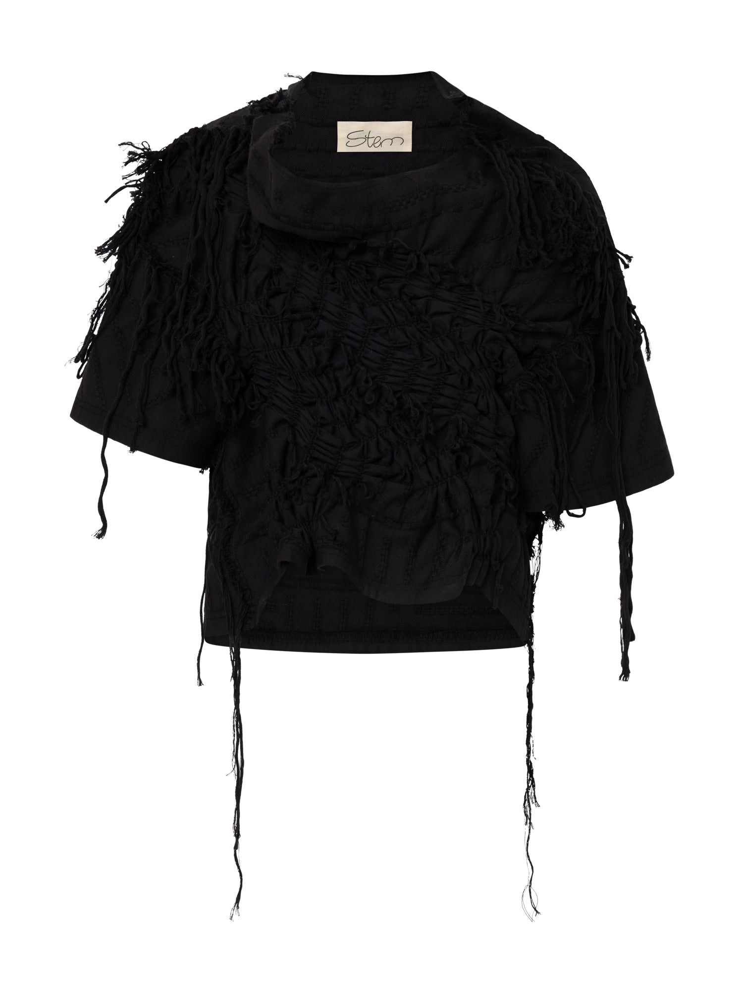 Stem Basket Tee in black, front view, hand-pulled and knotted texture with fringe detailing across body and shoulders