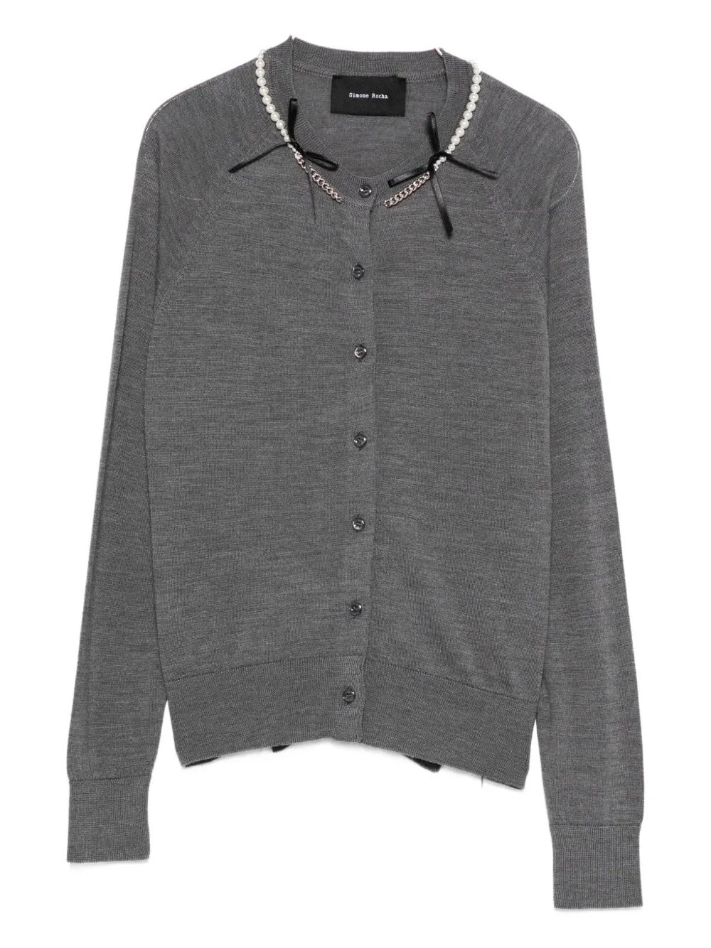 Gray cardigan with decorative pearl and bow trim on a white background