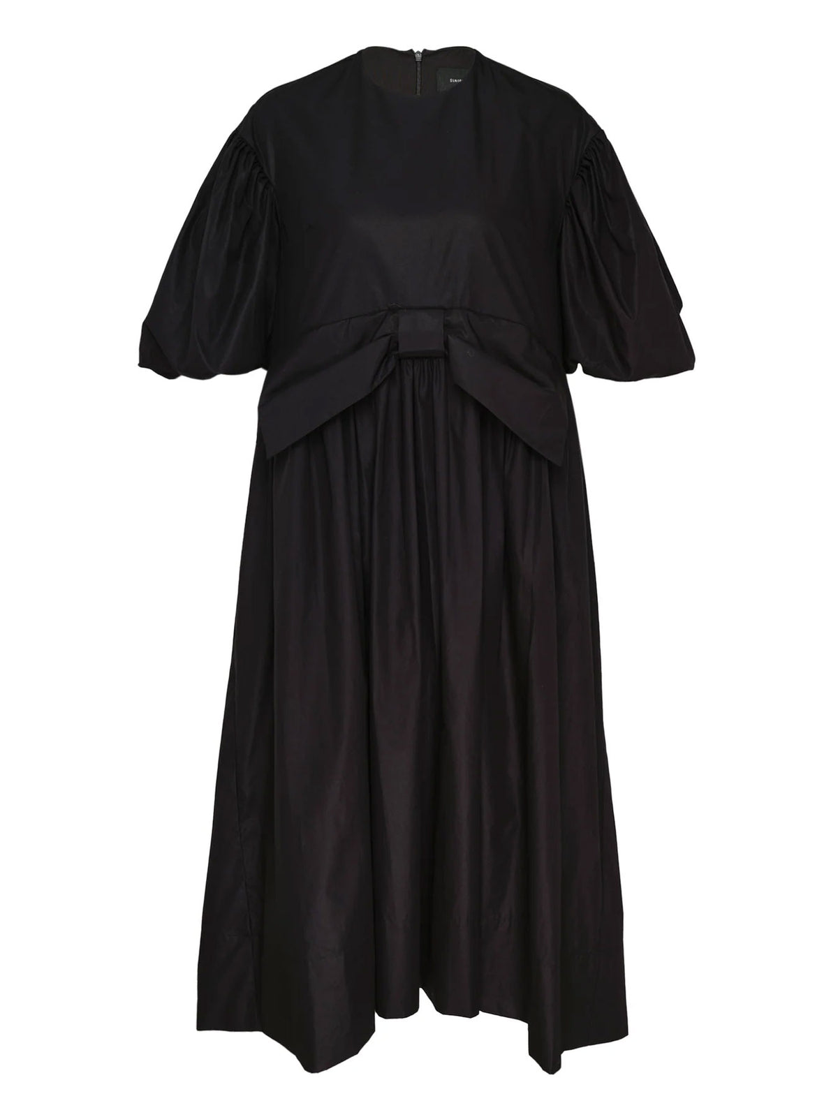 Front view of Simone Rocha Mini Puff Sleeve Gathered Bow Smock Dress showing the round neckline, puff sleeves, gathered skirt and oversized bow detail.