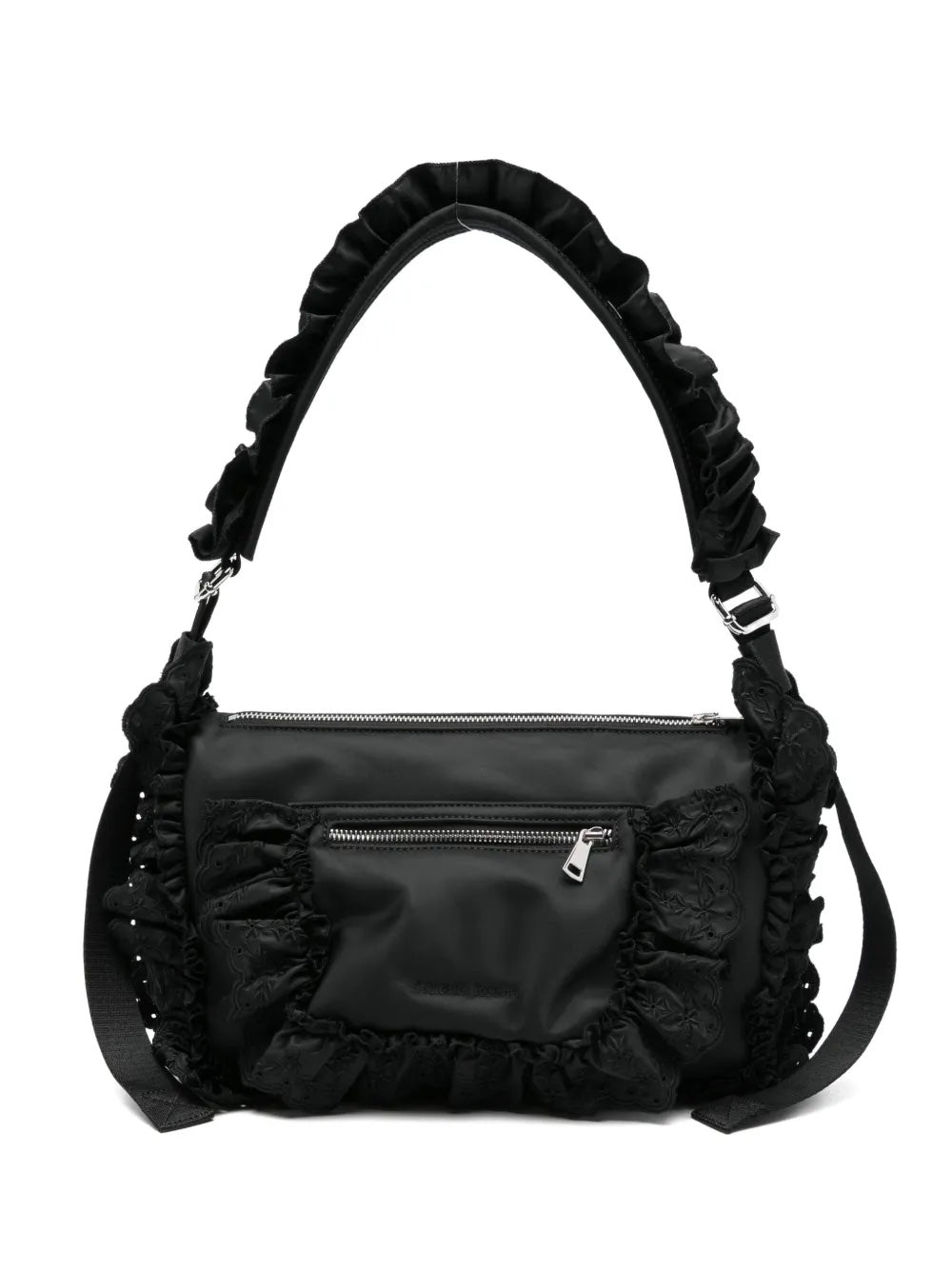 Product image of the Simone Rocha Pillowcase Shoulder Bag with Daisy in black nylon, featuring broderie anglaise trim, embroidered daisy detail, and an adjustable shoulder strap.
