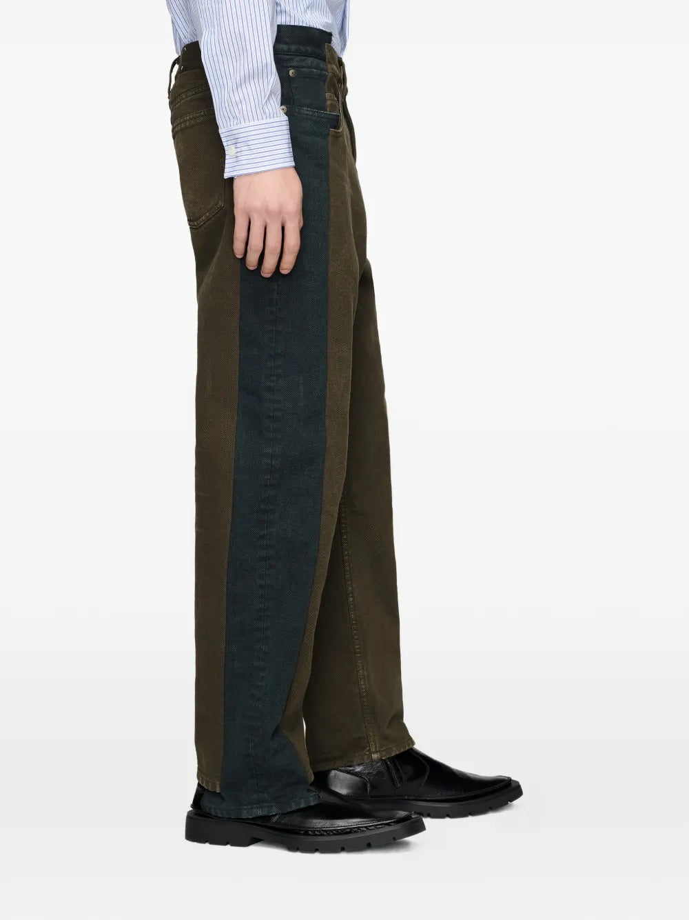 Side view of Maison Margiela Spliced Trousers in Black + Brown