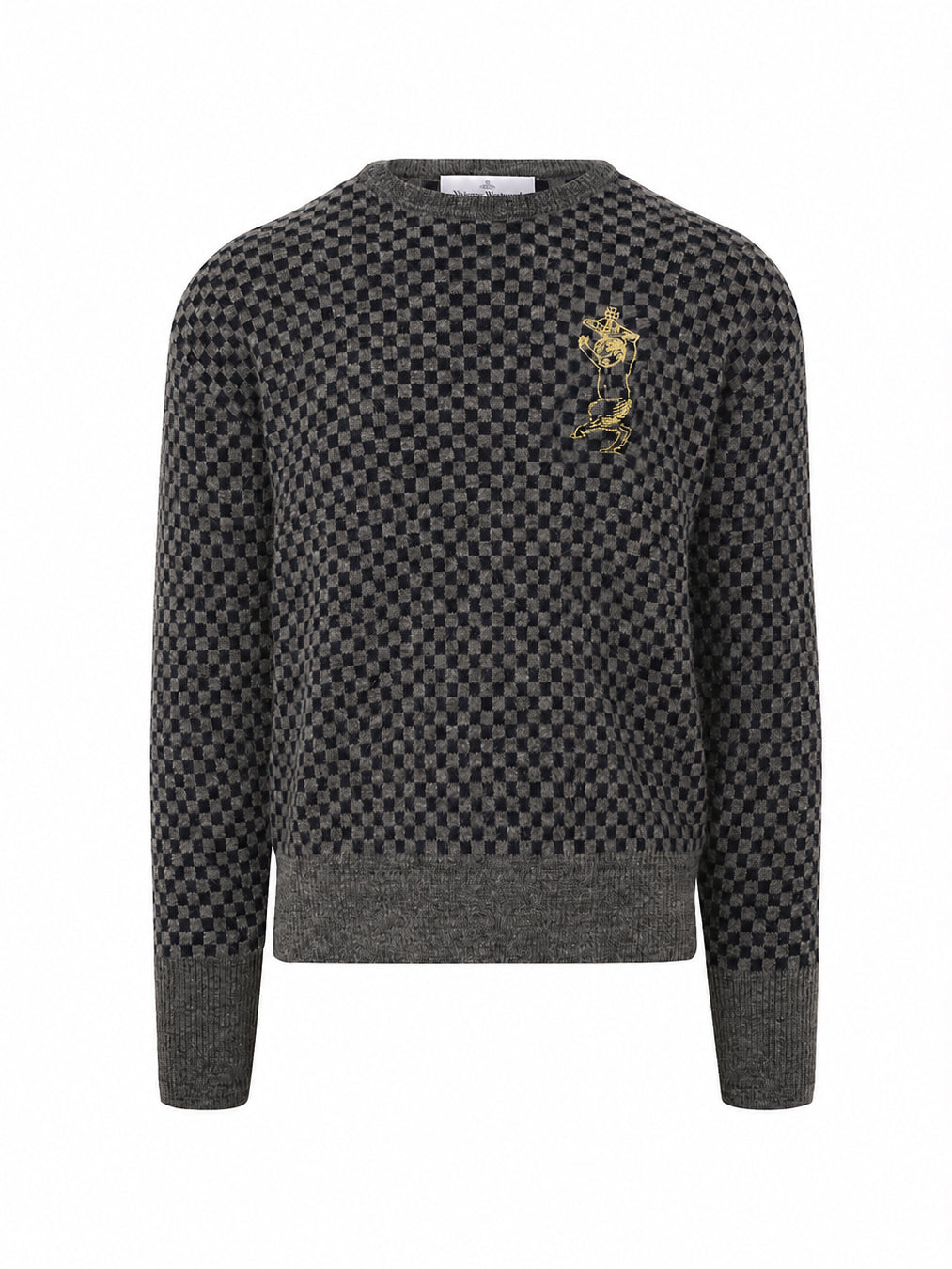 Vivienne Westwood Checkmate Jumper in Grey Melange Navy with all-over checkerboard jacquard, embroidered dancing satyr motif and ribbed trims