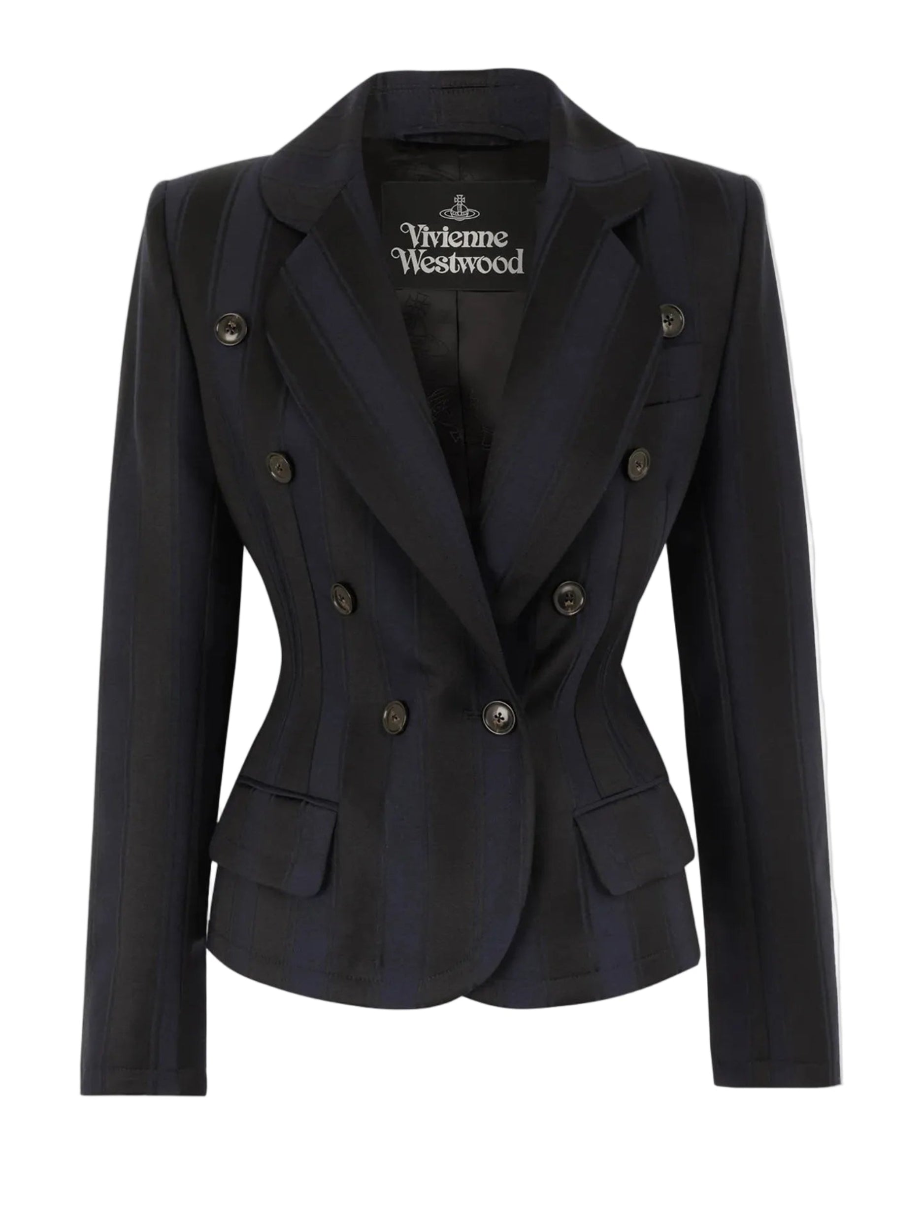 Vivienne Westwood Georgia Jacket in midnight blue and black with a double-breasted front, peak lapels, fitted waist, flap pockets and a peplum silhouette