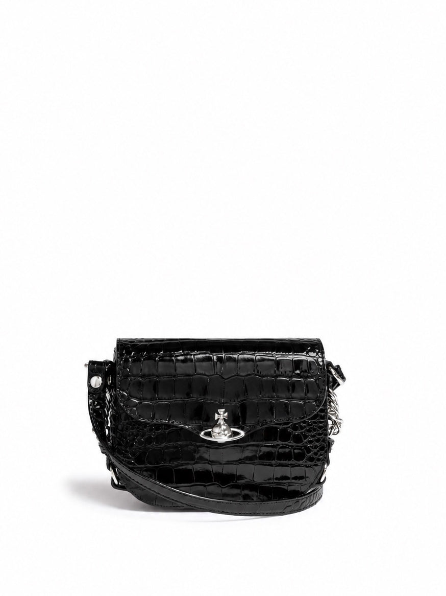 Vivienne Westwood Hunter Flap Crossbody in black croc-effect leather with curved flap, silver-tone orb hardware and slim shoulder strap