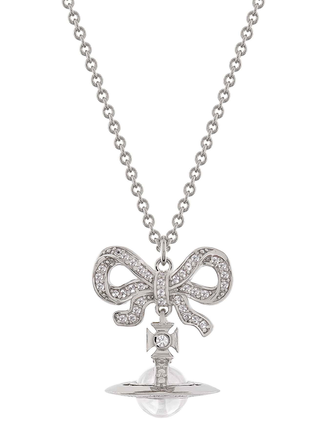 Silver necklace with a bow pendant on a white background