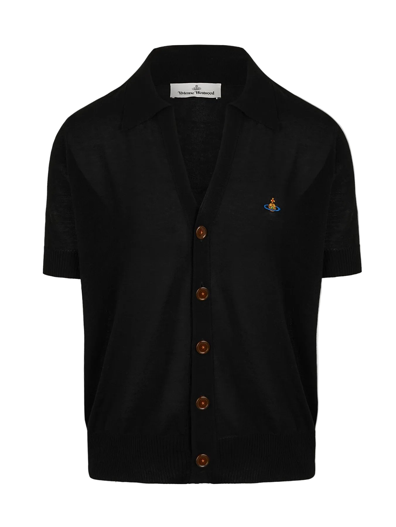 Vivienne Westwood Polo Cardigan in Black, short-sleeve knit cardigan with polo collar, amber buttons and embroidered orb logo