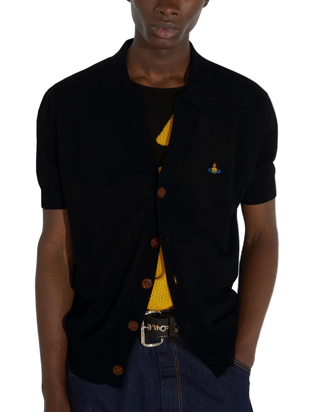Vivienne Westwood Polo Cardigan in Black, worn view showing relaxed short-sleeve knit fit with front buttons and orb embroidery