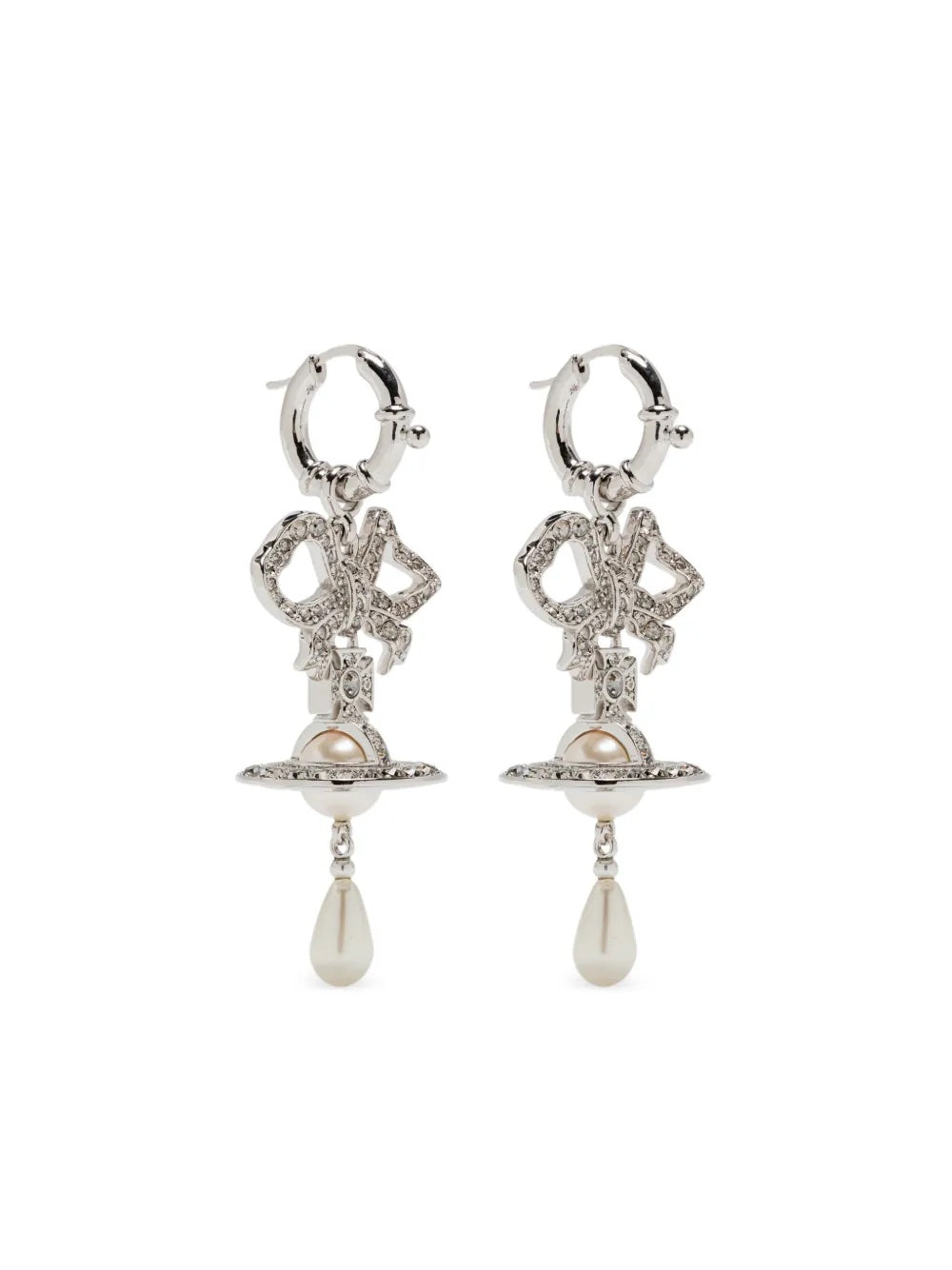 Pair of silver earrings with bow and orb designs and pearl drops from Vivienne Westwood on a white background