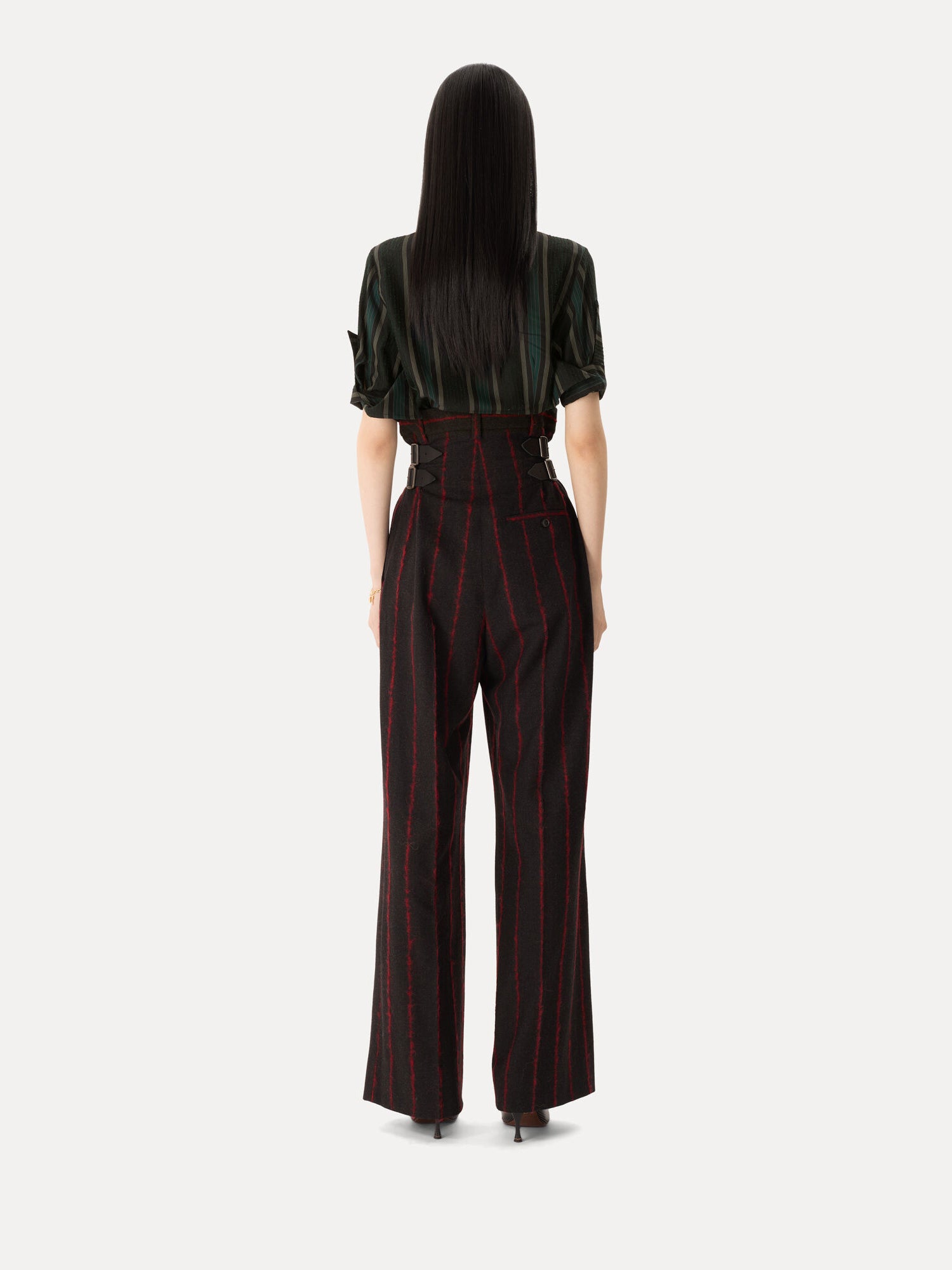 Back view of Vivienne Westwood Waisted Lauren Trousers in charcoal grey with red stripes, wide-leg fit and structured waistband