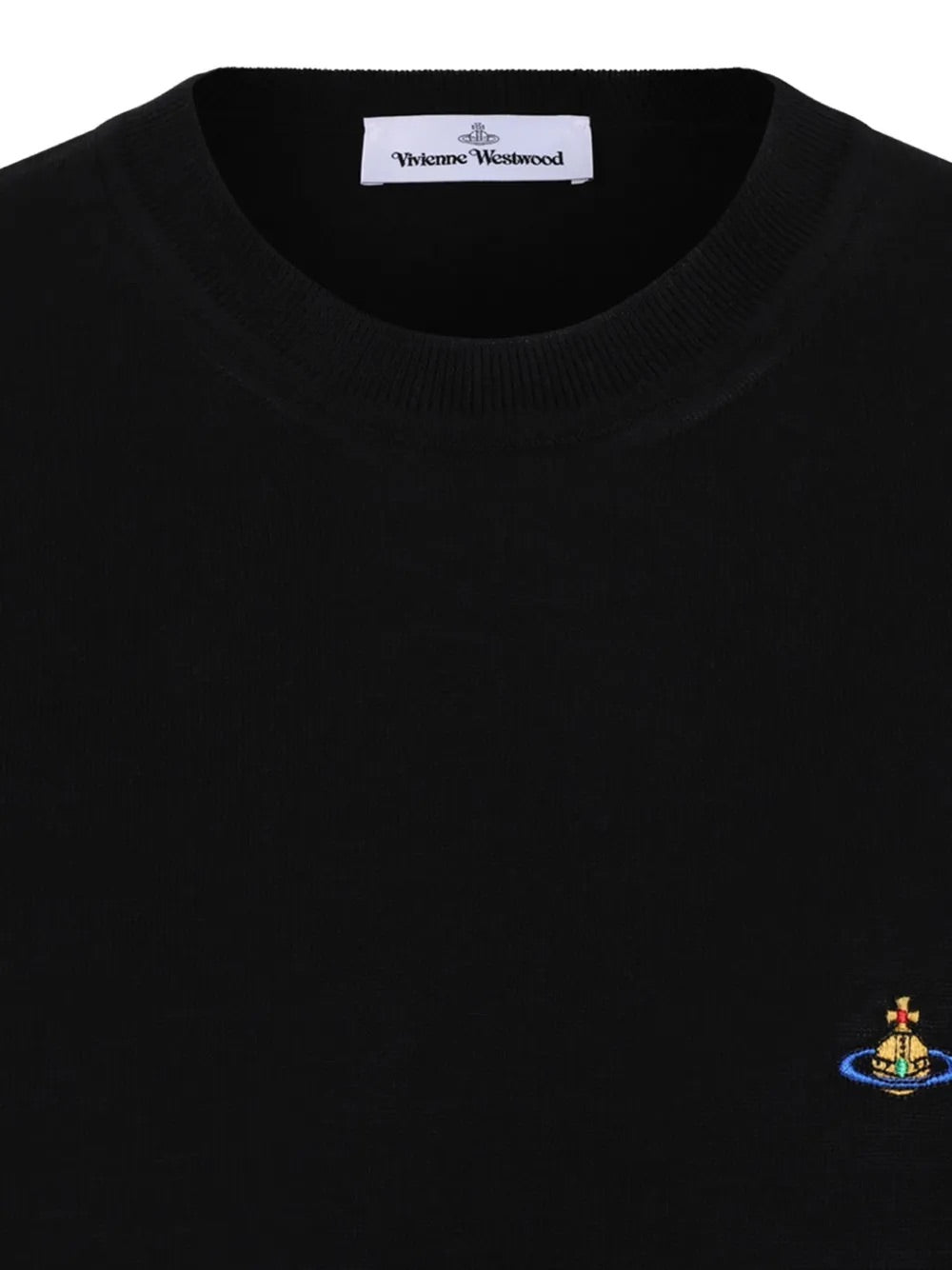 Alex T-Shirt in Black by Vivienne Westwood, folded front view of black cotton crew neck t-shirt showing multicolour Orb logo embroidery detail, Spring/Summer 2026