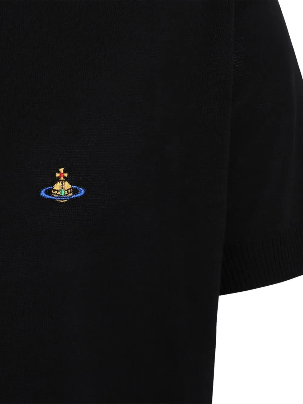 Alex T-Shirt in Black by Vivienne Westwood, closeup of signature multicolour Orb logo embroidery on black cotton knit, Spring/Summer 2026