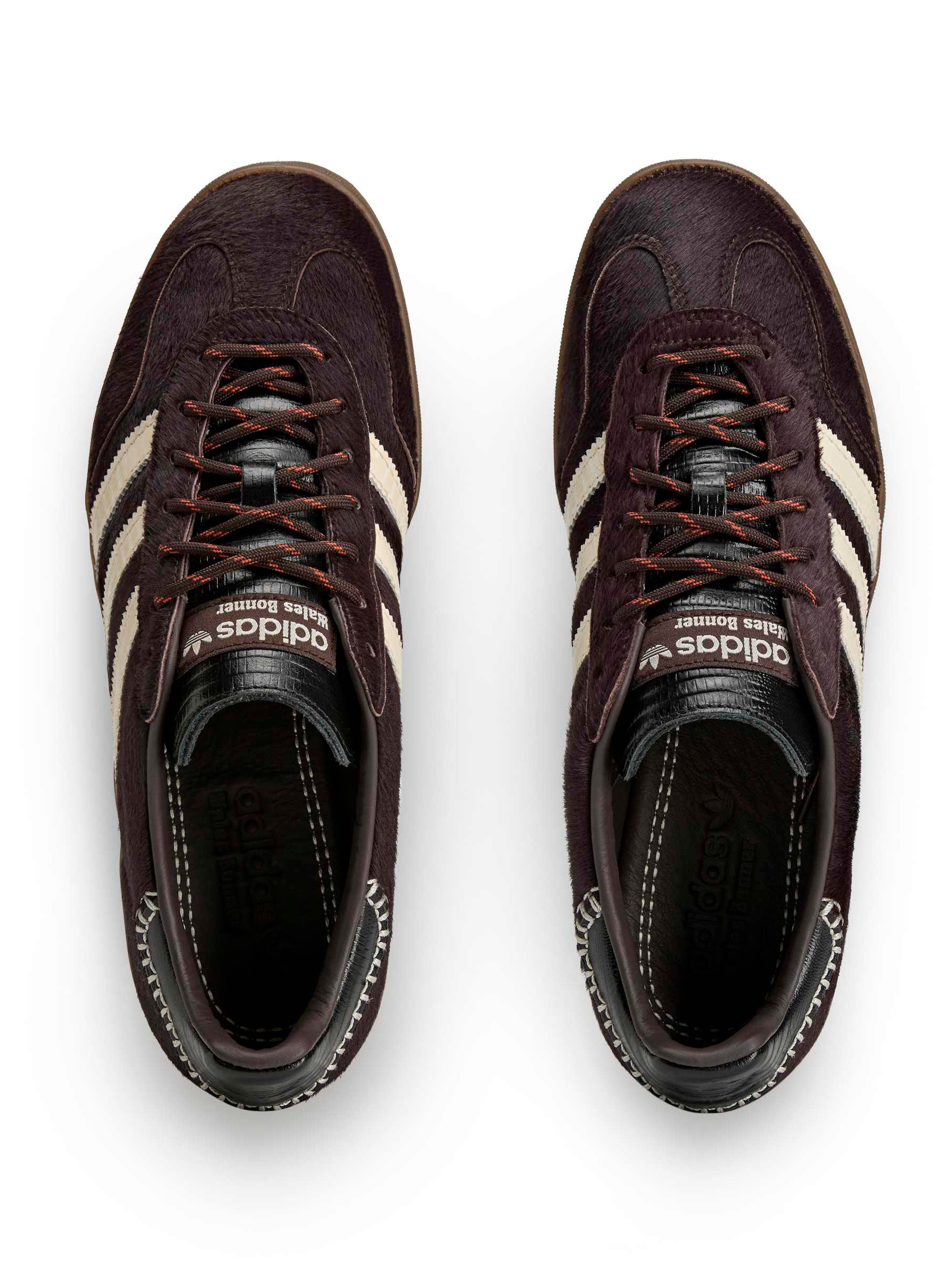Wales Bonner x Adidas Gazelle Pony in Aluminum Wonder White Core Black deep brown pony hair sneaker with co-branded tongue tab and waxed laces, top view – Wales Bonner x Adidas SS26