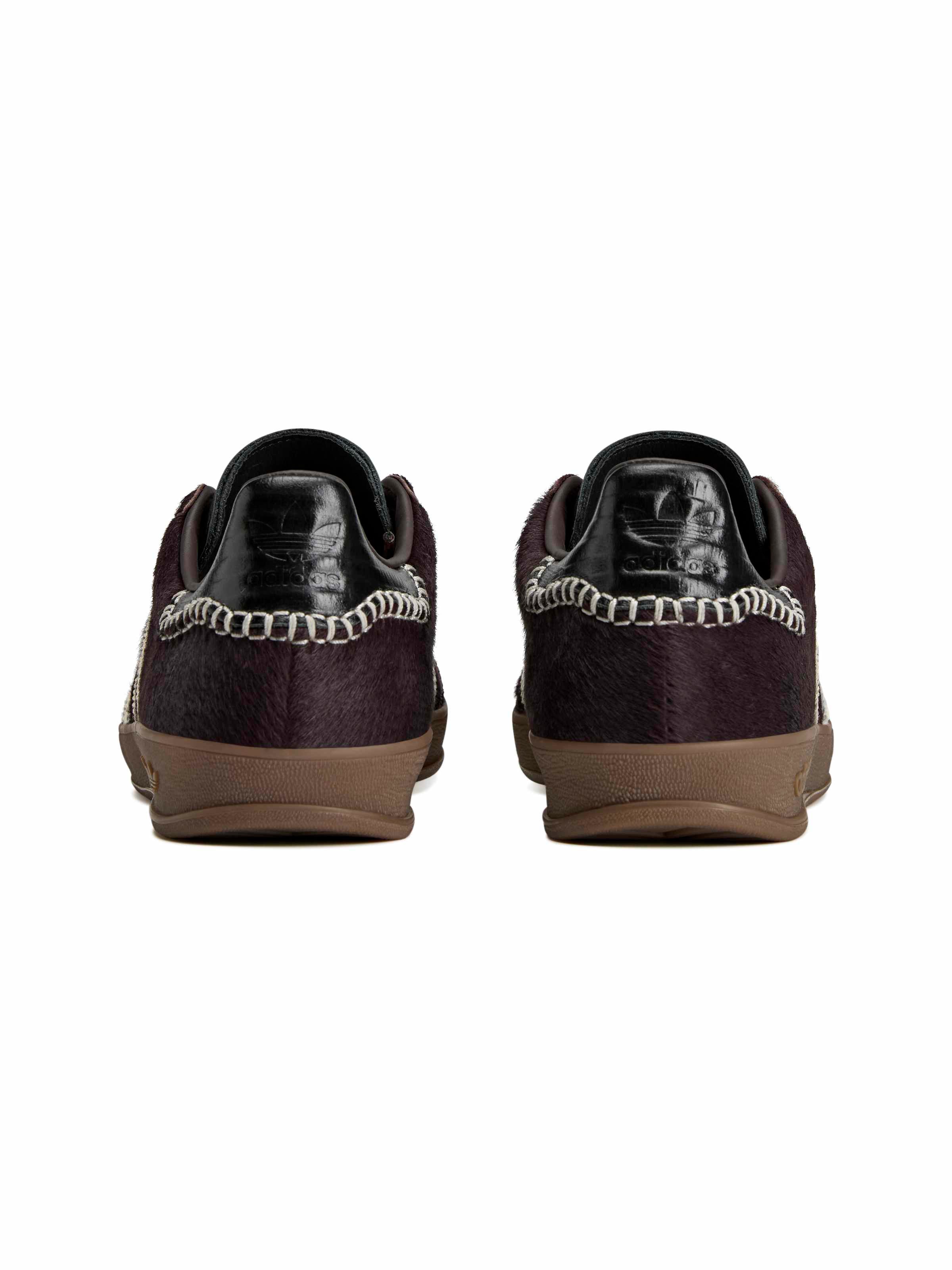 Wales Bonner x Adidas Gazelle Pony in Aluminum Wonder White Core Black deep brown pony hair sneaker with croc-embossed leather heel trim and gum outsole, back view – Wales Bonner x Adidas SS26