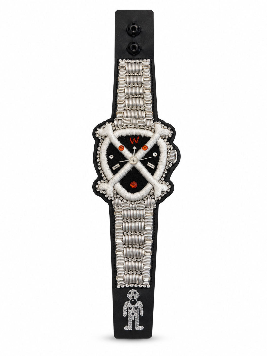 Walter Van Beirendonck Bones Bracelet in silver with black strap, embroidered watch motif, crystal detailing and silver-tone embellishments.