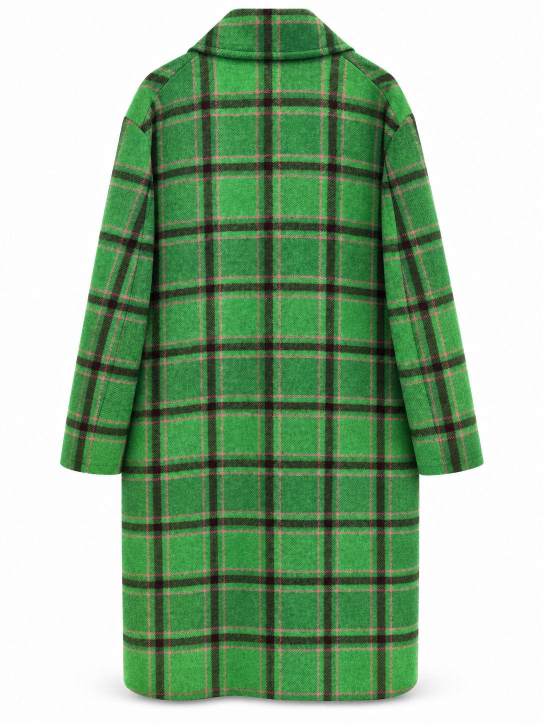 Walter Van Beirendonck Flower Power Khiva Coat in Fern Green/Light Rose, back view with allover check pattern, pointed collar and long straight silhouette