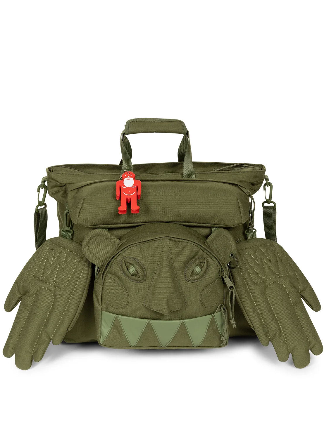 Walter Van Beirendonck x Eastpak Walter Carry Bag, showing detachable Monster face pouch and sculptural hand-shaped side pockets