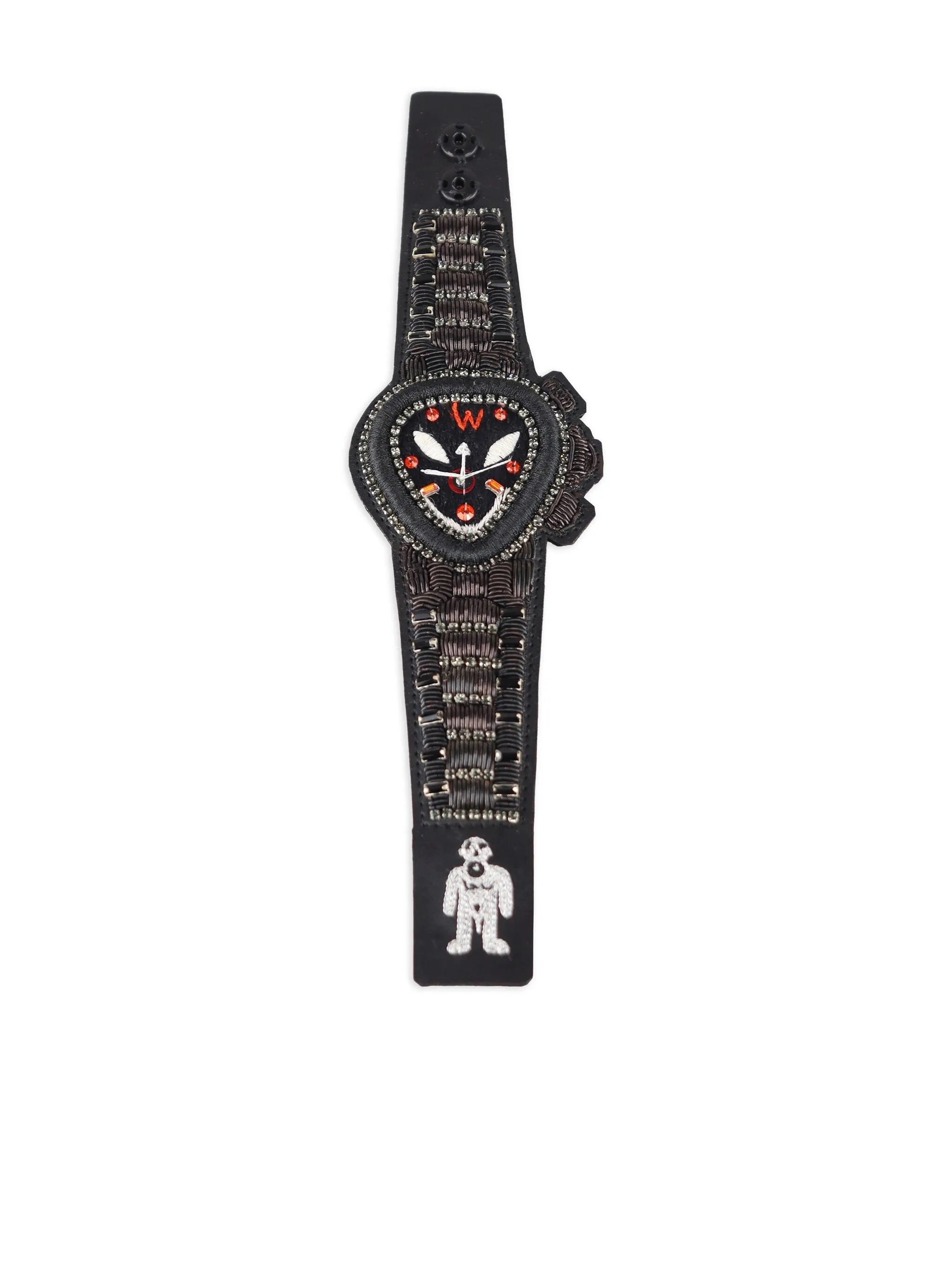 Black beaded bracelet from Walter Van Beirendonck with alien design