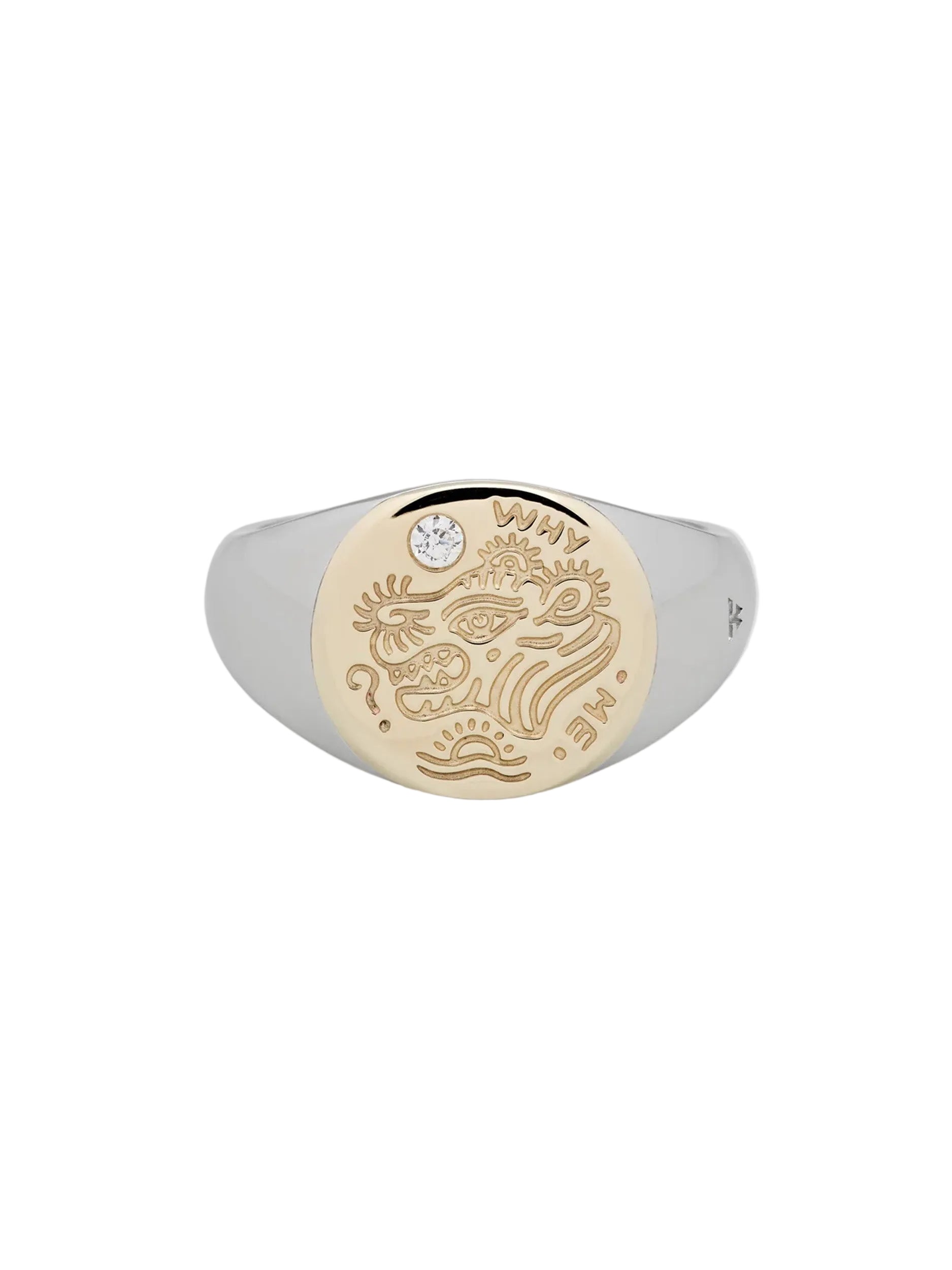 Tom Wood Why Me Ring Gold signet ring with engraved motif and polished finish