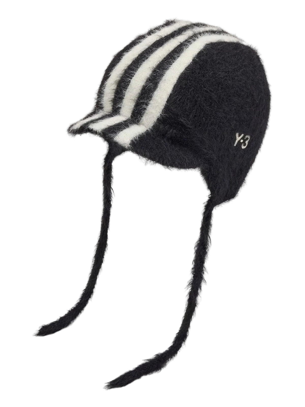 Y-3 3-Stripes Bonnet in black and core white, featuring a soft hairy knit texture, striped crown and brim, ear flaps, long tie cords and embroidered Y-3 logo.