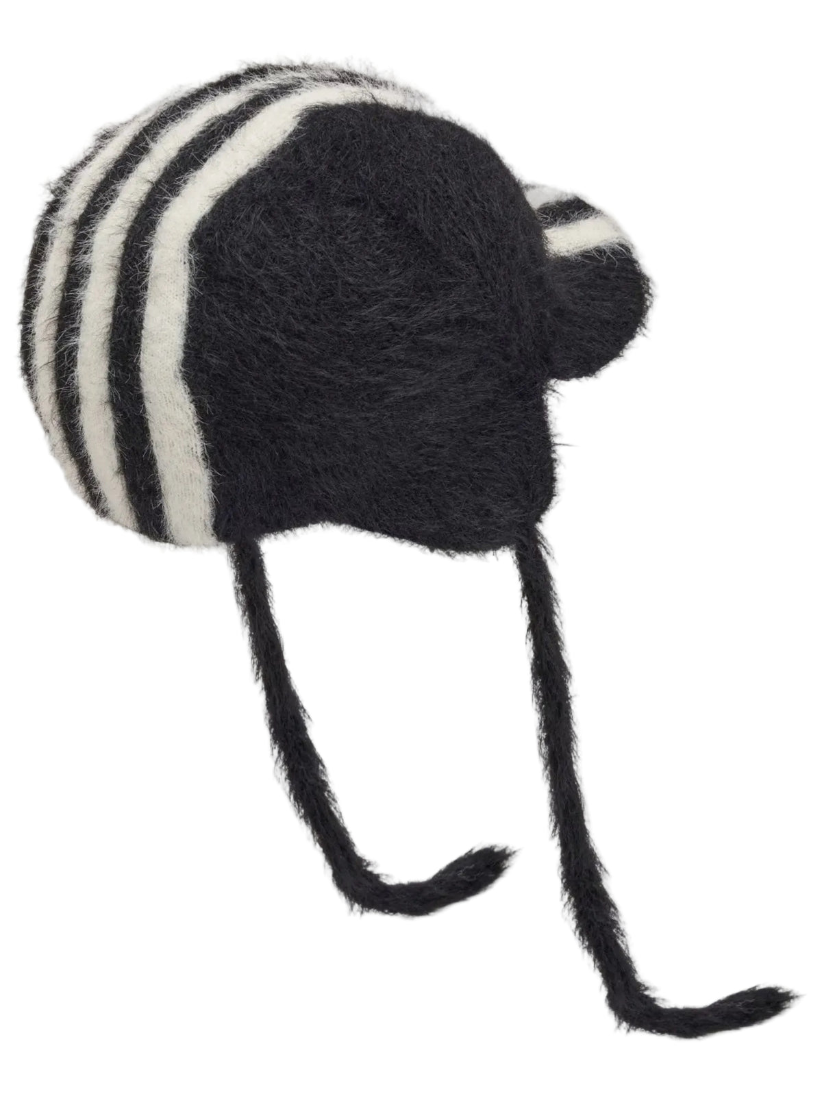 Rear and side view of the Y-3 3-Stripes Bonnet showing the hairy knit texture, contrasting stripes, extended ear flaps and long tie cords.