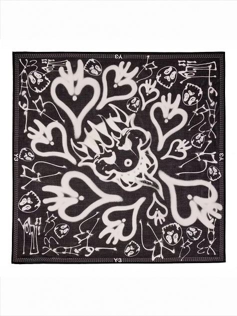 Y-3 Chito Bandana in Black / Multicolor, square black and white bandana with all-over Chito heart, hand and character artwork