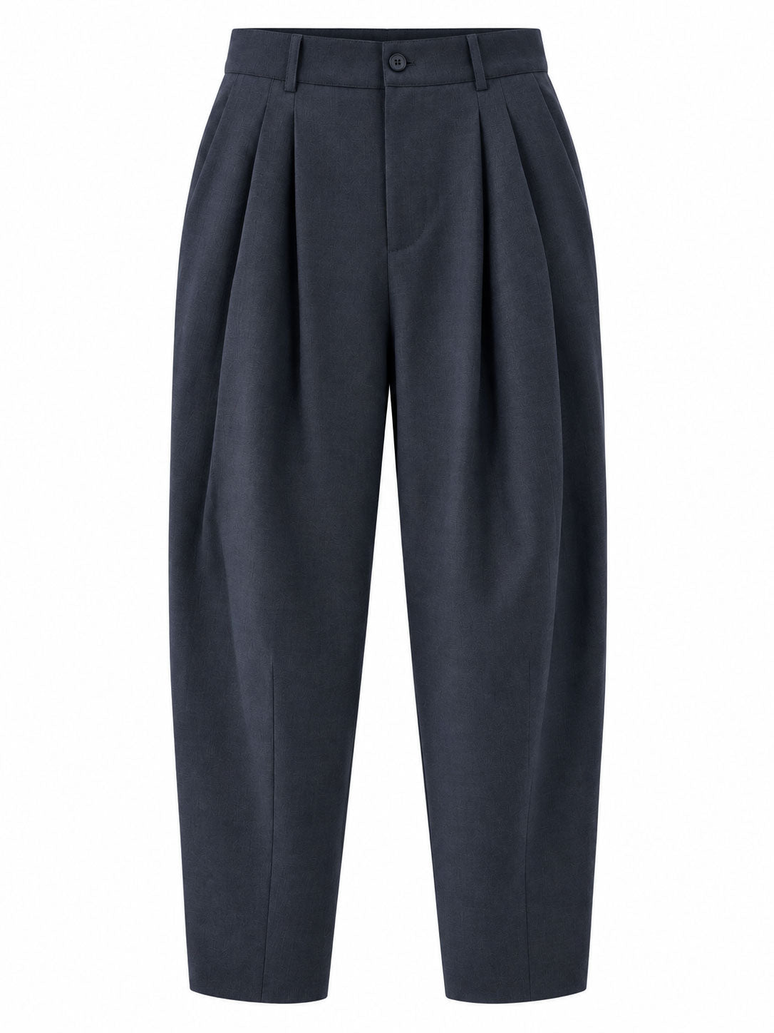 Henrik Vibskov Claus Suit Pants in Navy, front view with pleated waist and tapered silhouette