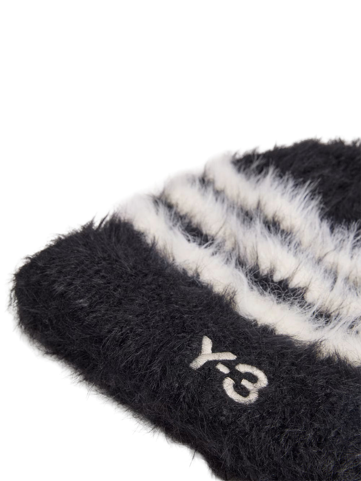 Y-3 3-Stripes Beanie in Black/Core White close-up of embroidered Y-3 logo
