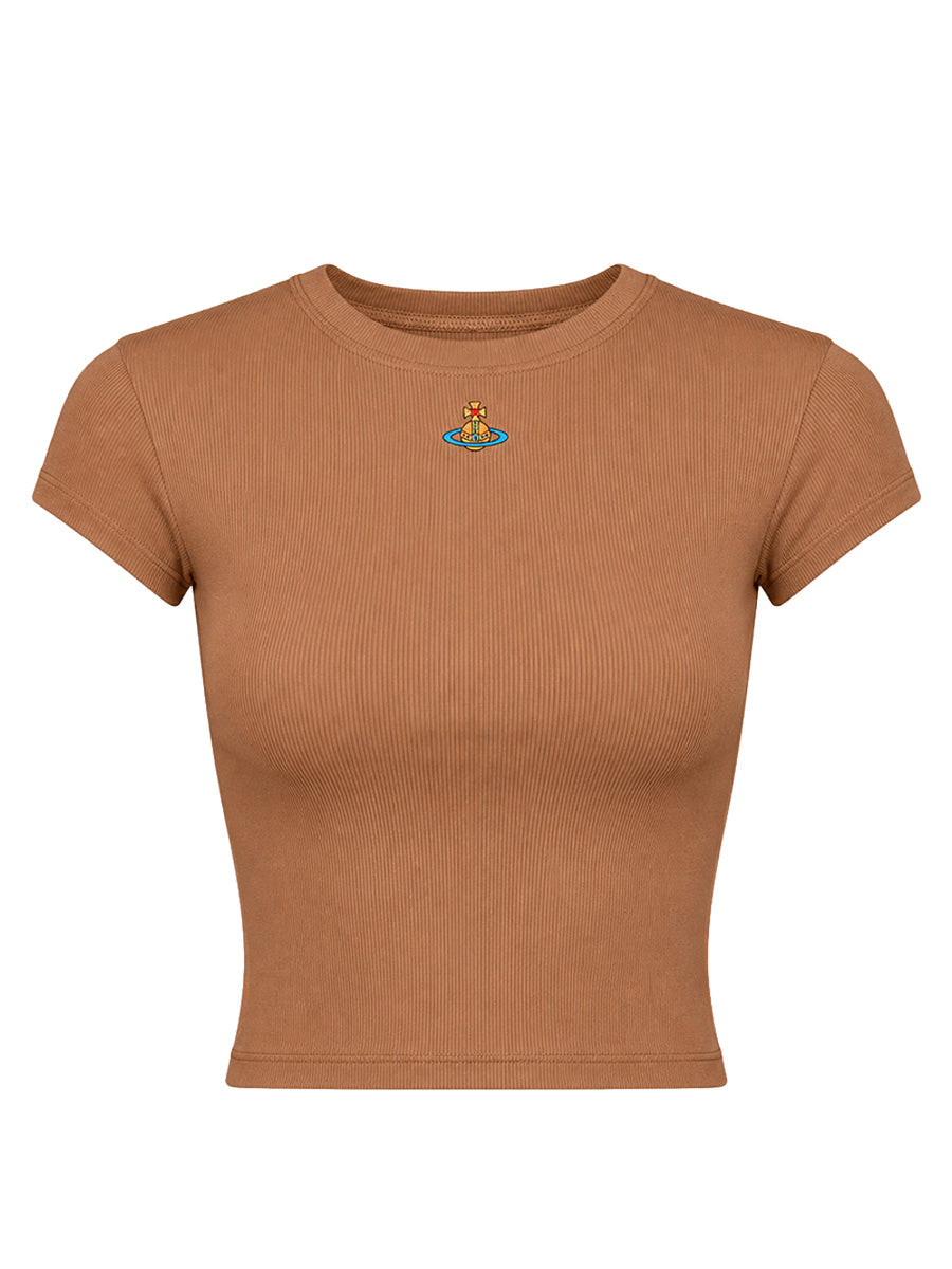 Vivienne Westwood Baby Peru' T-Shirt in Cardboard featuring an all-over ribbed texture, cropped fit, short sleeves, crew neckline, and embroidered Orb logo on the chest.
