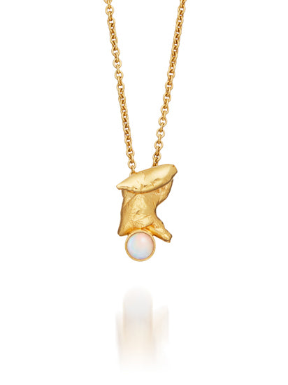 Bukkehave Teide Opal Necklace in Gold Plated, organic sculptural crumpled pendant in gold plated silver, 4mm opal stone at base, fine cable chain, handmade
