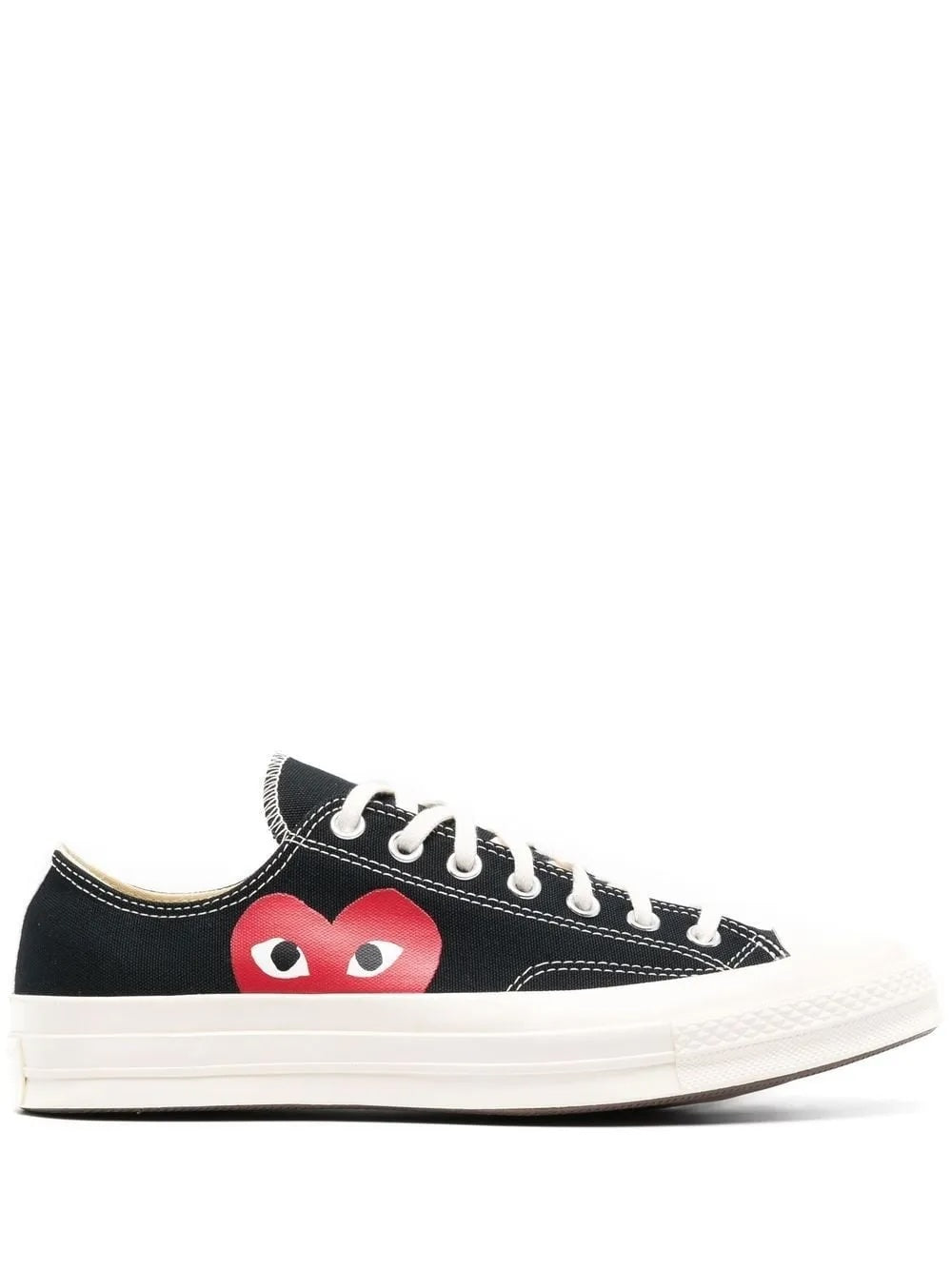 Comme des Garçons Play x Converse Chuck 70 low-top sneakers in black, side view, black canvas upper with red CDG heart logo and off-white sole