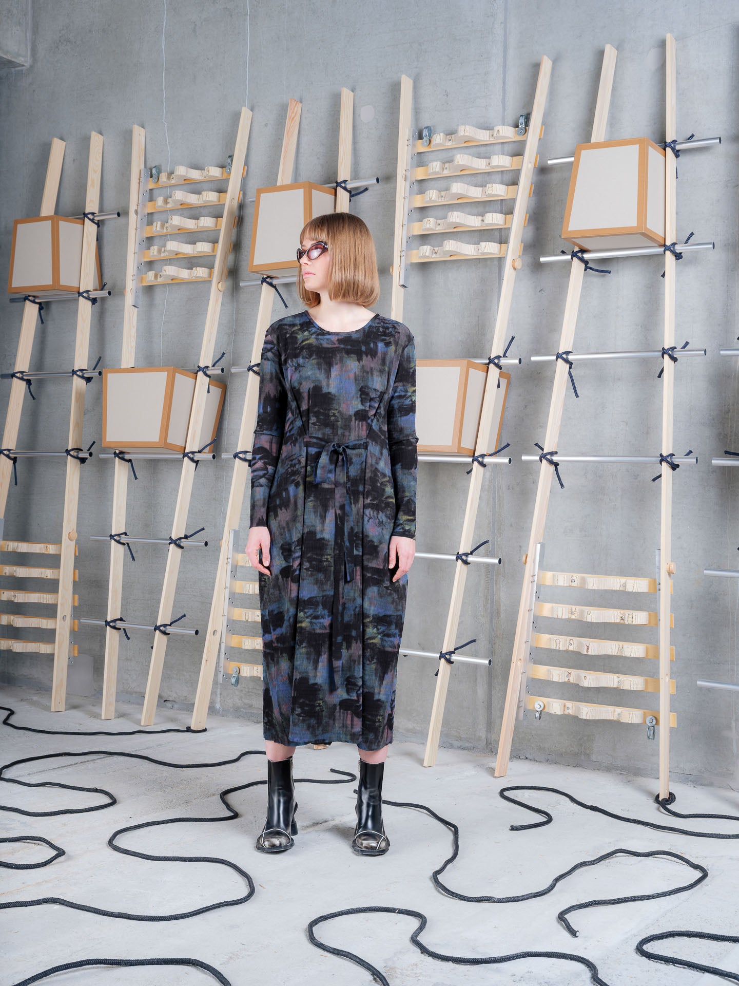Model wearing Henrik Vibskov Carry O Dress in Mushroom Tapestry front view
