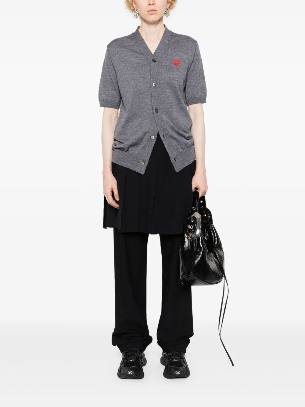 COMME des GARÇONS PLAY V-Neck Knit Cardigan Red Heart in Grey styled on a model, showing the V-neckline, straight fit and heart appliqué.