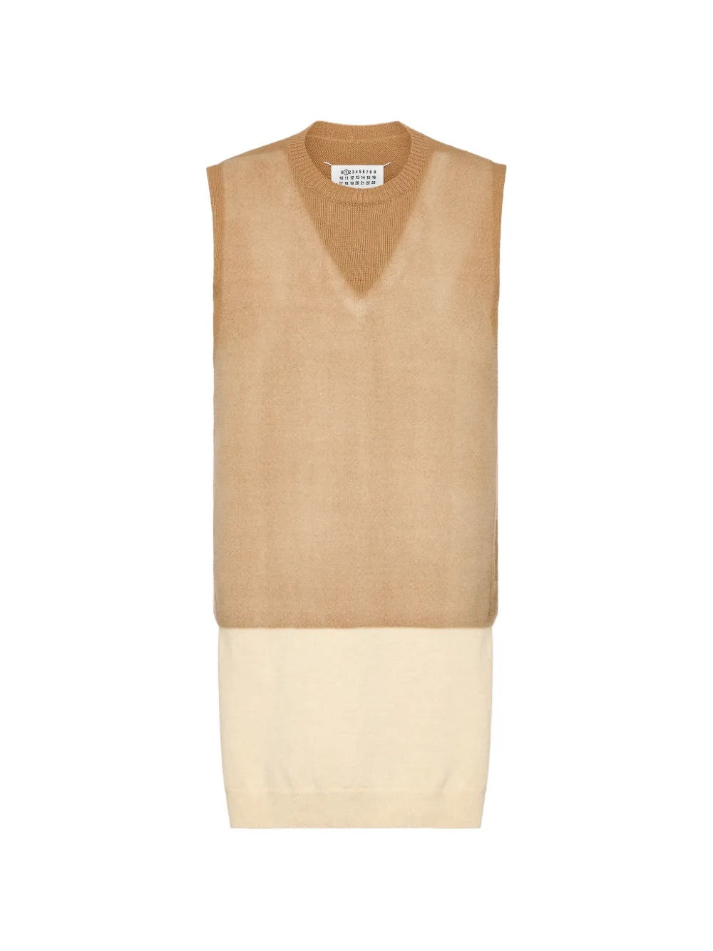 Maison Margiela Fuse Knit Vest in Camel/Ecru, front view.
