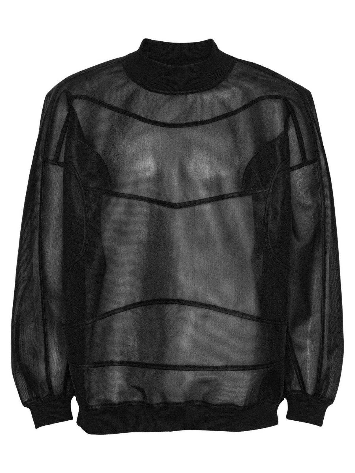 Henrik Vibskov Abstract Frog Top Black, flat lay front, sheer black mesh sweatshirt with horizontal seam detailing and ribbed mock neck