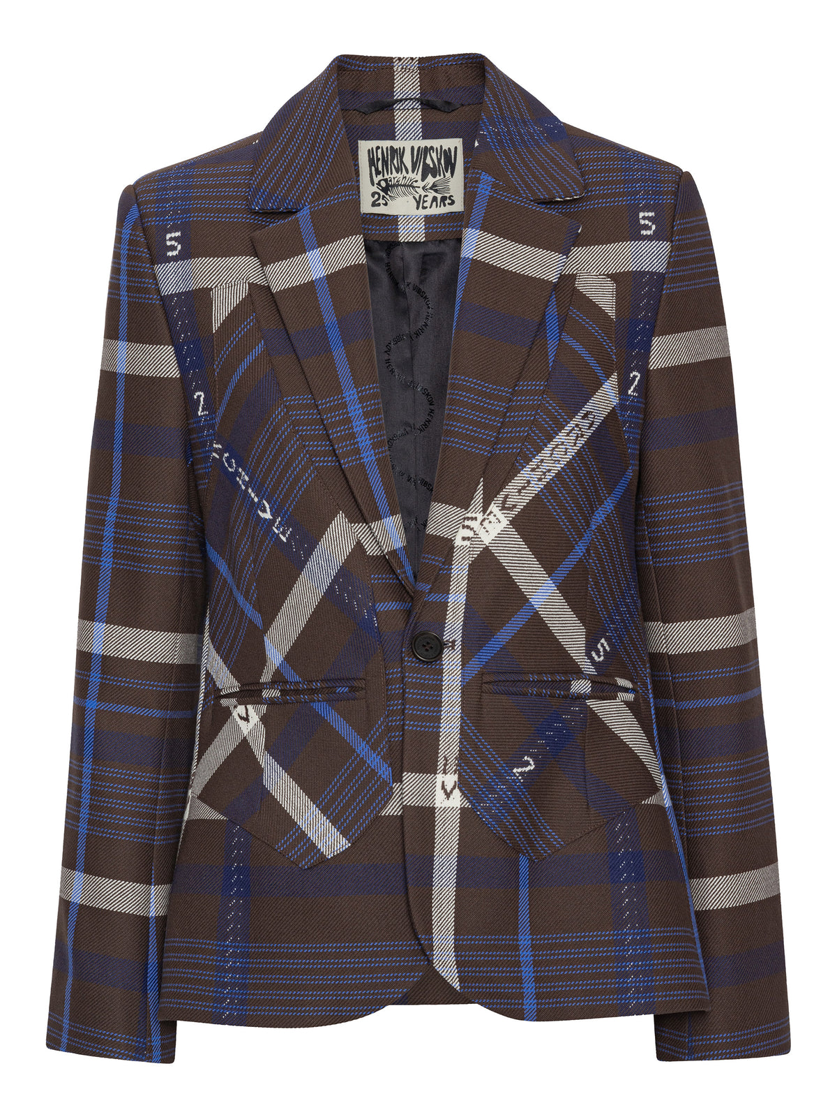Henrik Vibskov Always Inside Blazer in Brown Navy Archive organic cotton with pointed lapels, single-button front and archive check pattern
