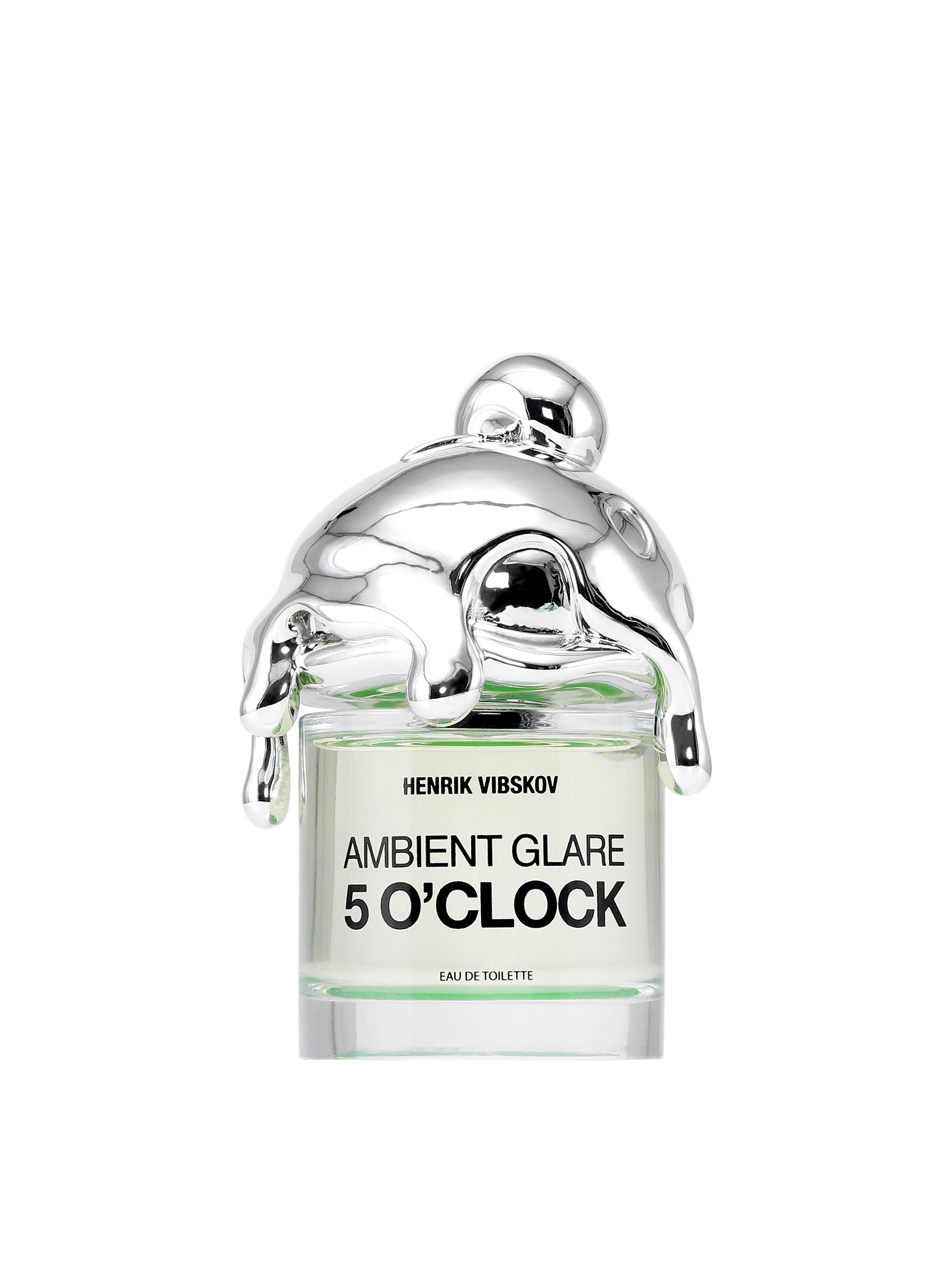Perfume bottle labeled 'Ambient Glare 5 O'Clock' by Henrik Vibskov on a white background