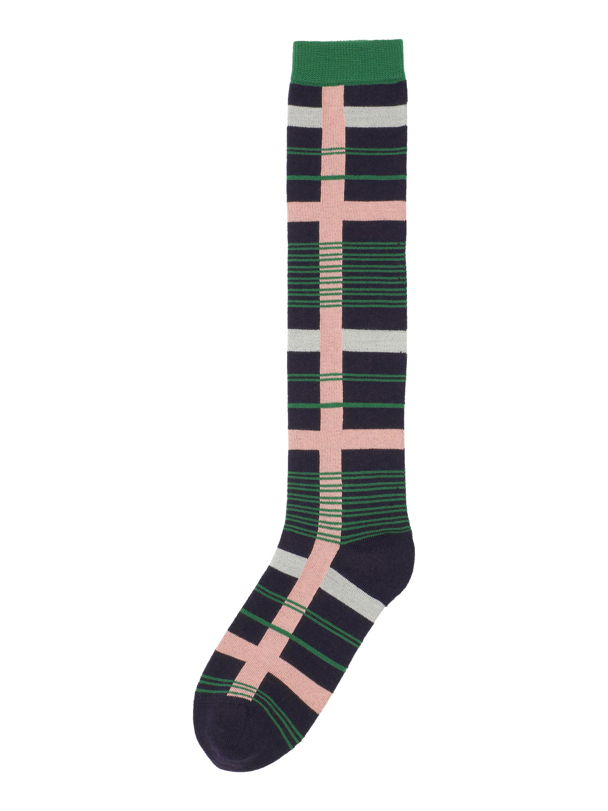 Henrik Vibskov Archive Socks in Green Pink Archive with knee-high silhouette, green ribbed cuff and navy, pink, grey and green check pattern.