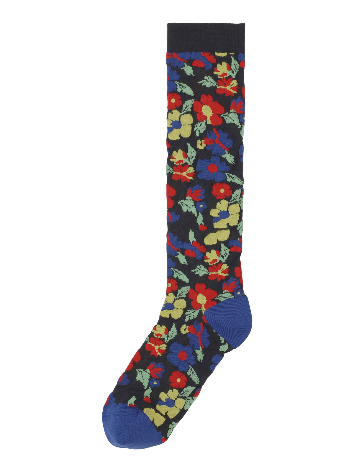 Henrik Vibskov Bouquet Socks in Blue Floral Affairs shown flat, featuring an all-over floral motif, ribbed cuff and reinforced toe and heel.