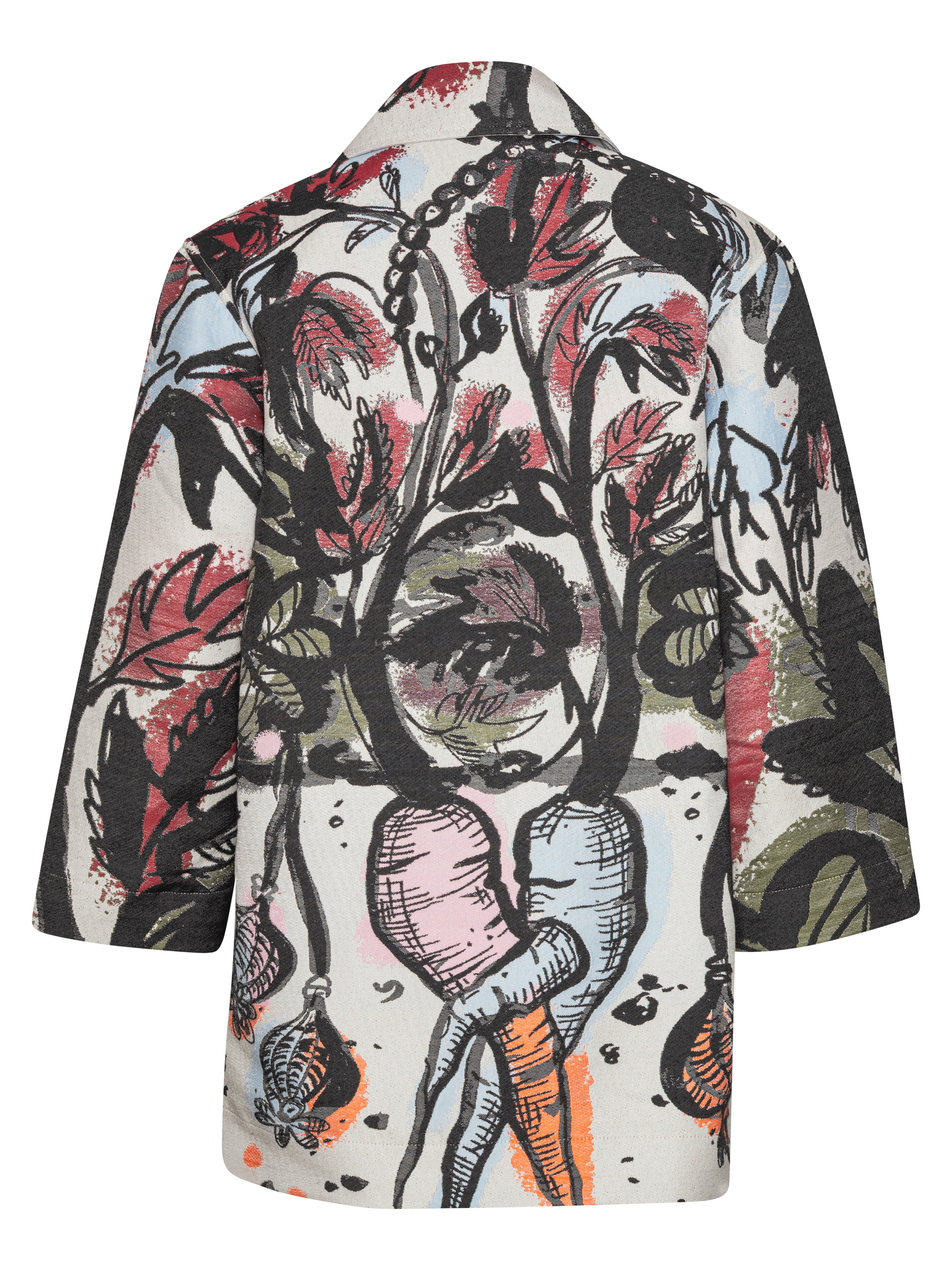 Back full-body packshot of the Care Coat in Carrots from Henrik Vibskov Spring/Summer 2026 Studio Collection, showing the full carrot-patterned fabric, multicoloured hues, and straight hem.