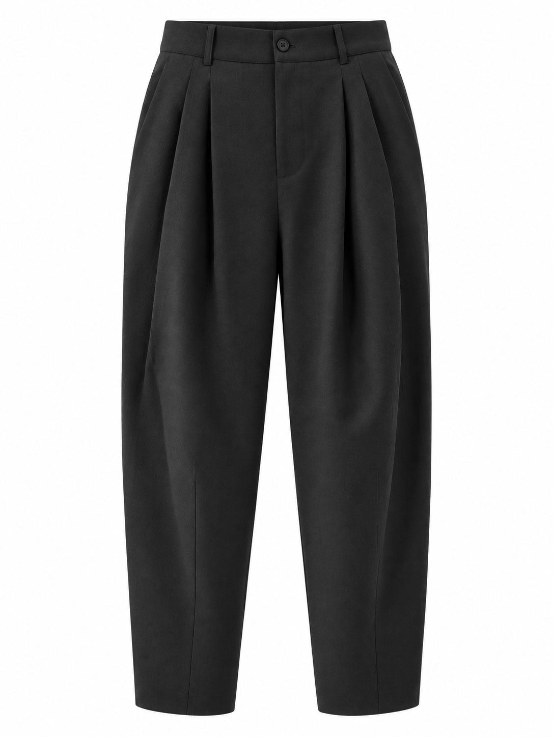 Henrik Vibskov Claus Suit Pants in Black, front view with pleated waist and tapered silhouette