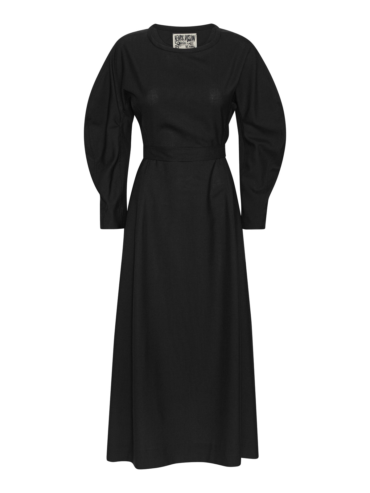 Henrik Vibskov Crackle Dress in Black shown from the front, featuring a round neck, sculptural long sleeves, defined waist and long flared skirt.