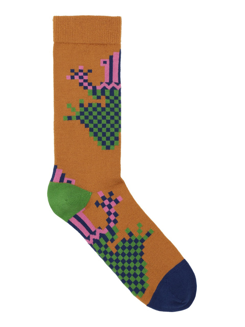 Henrik Vibskov Cross Stitch Sock in pixelated spice frog with caramel brown base, multicolour frog motif, navy toe and green heel