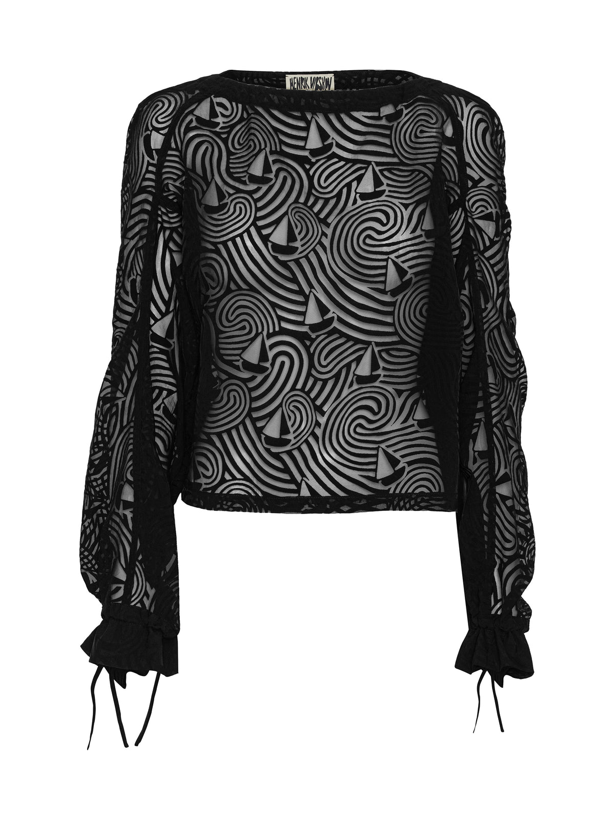 Henrik Vibskov Delivery Blouse in Dark Stormy Sea shown from the front, featuring a semi-sheer wave and sailboat motif, long sleeves and gathered tie cuffs.