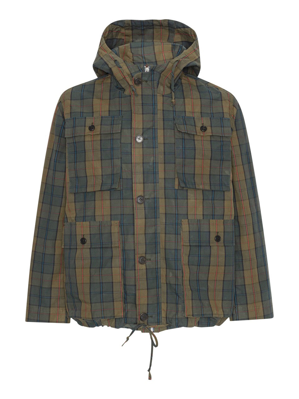 Henrik Vibskov Field Parka in Tartan, front view, dry wax tartan check finish, drawstring hood, four-pocket utility front, button-front fastening, adjustable hem drawcord