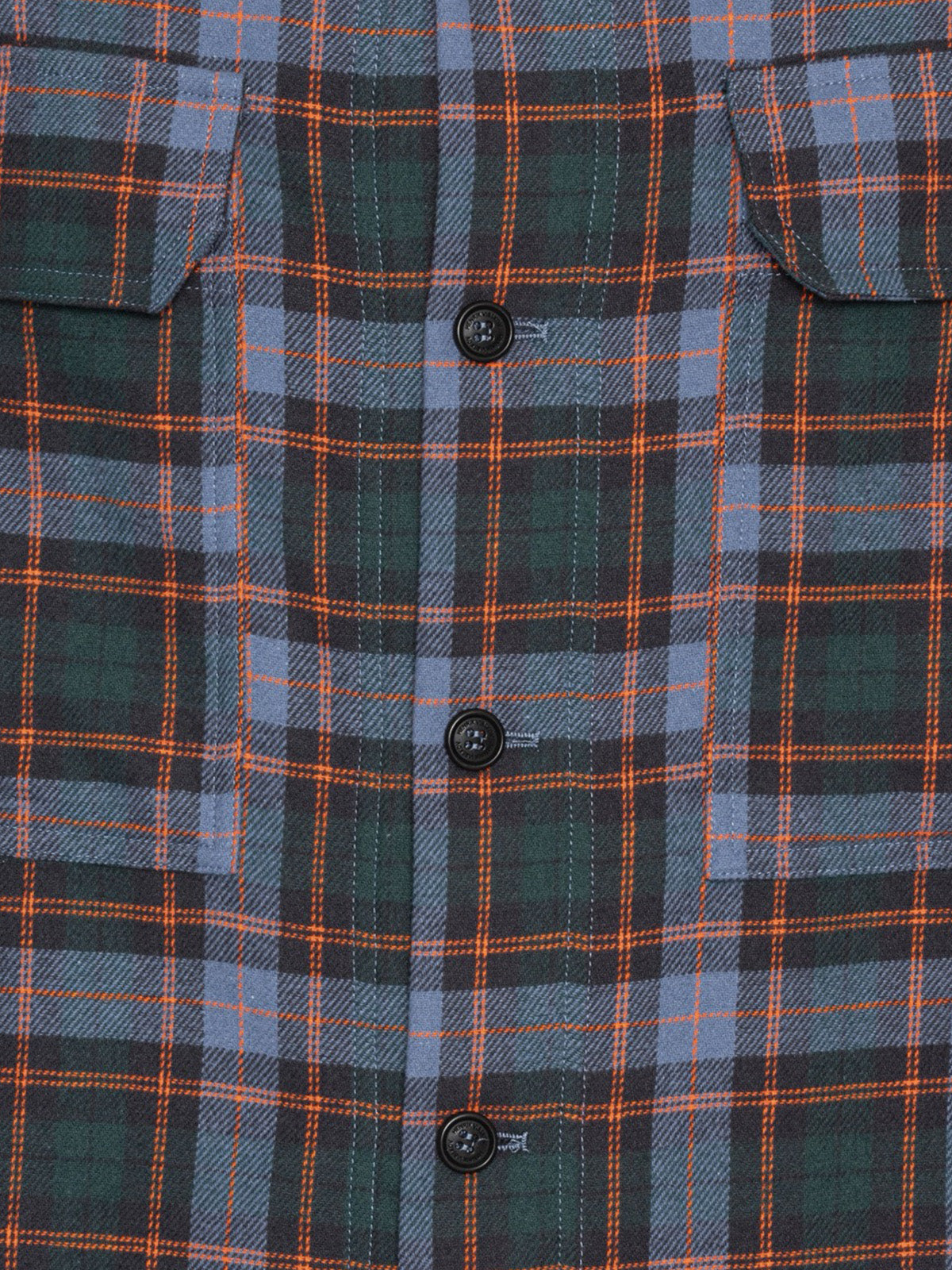 Henrik Vibskov Field Shirt Blue Flannel Checks, close-up detail of front placket, buttons and chest pocket showing flannel check pattern
